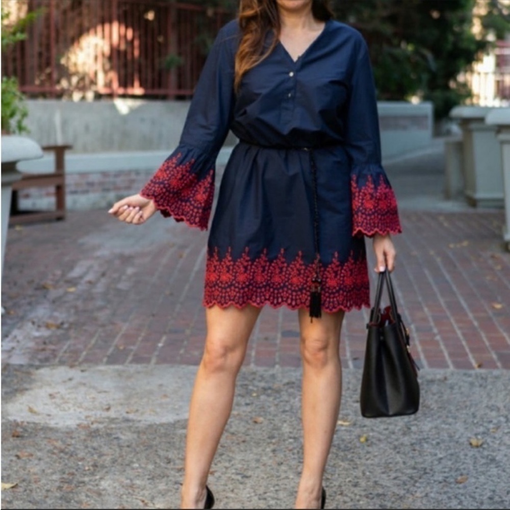 J.Crew Eyelet Bell Sleeve Dress Navy Blue Size XS H6978